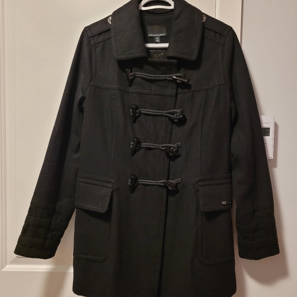 Cynthia Rowley Women's Black 60% Wool Duffle Coat with Toggle Closure size M